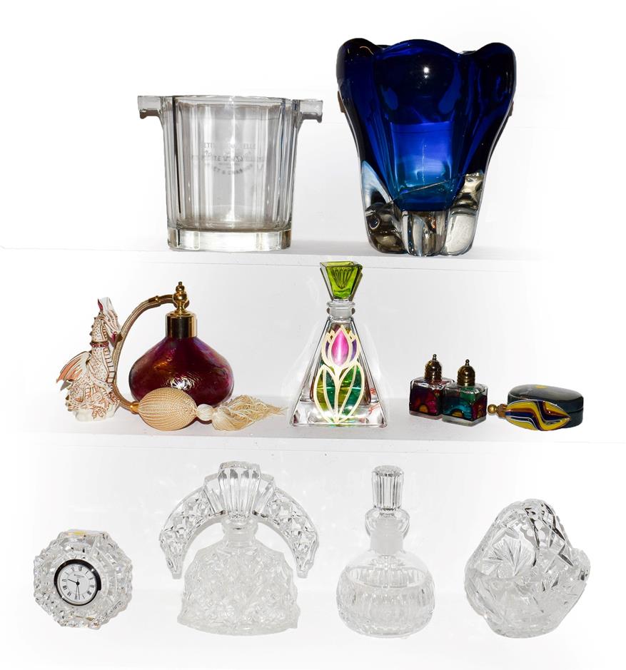 Lot 34 - A tray of assorted glass ware including, Whitefriars kingfisher blue vase, Moet & Chandon wine...