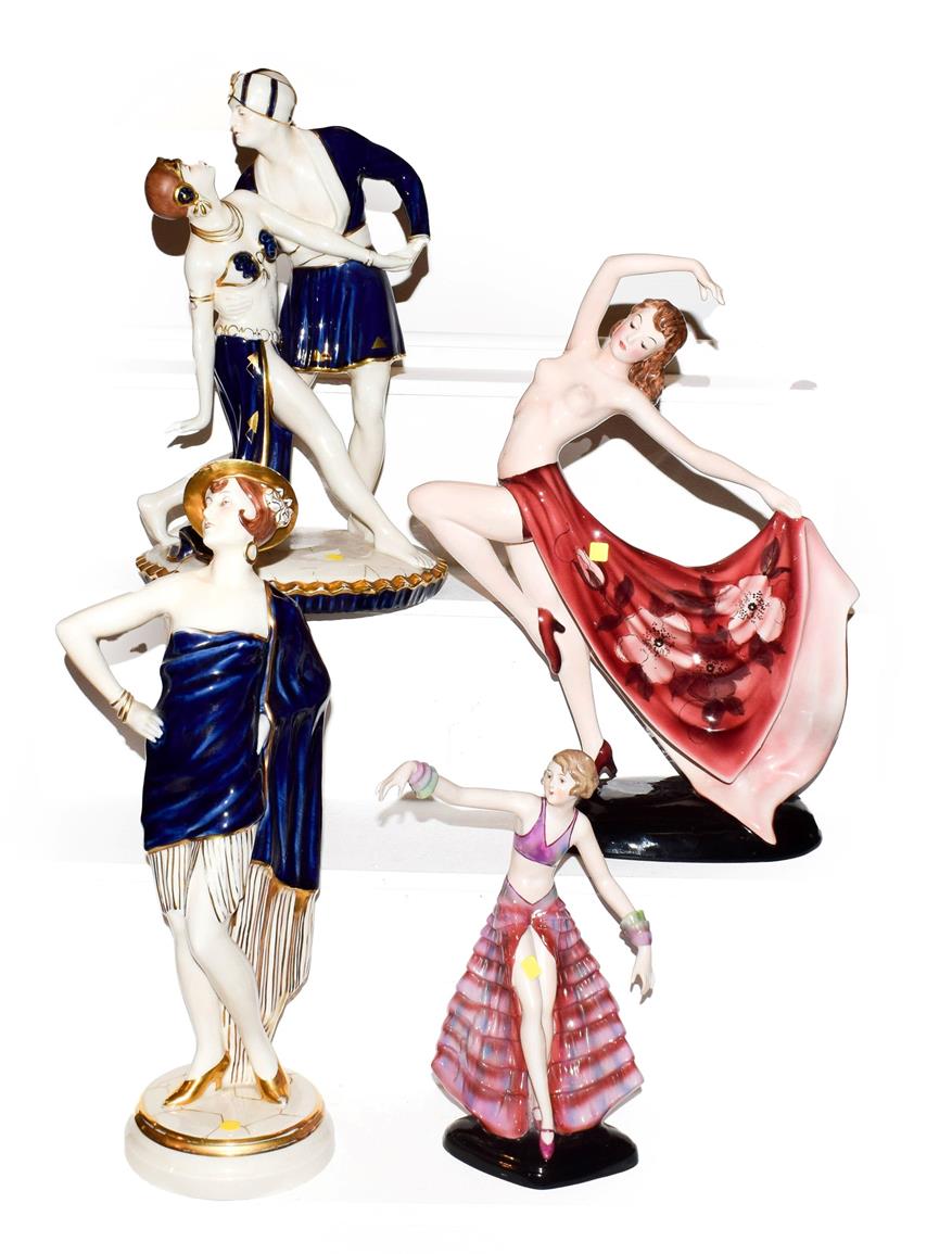 Lot 45 - An Austrian Art Deco figure of a dancing girl stamped Keramos, two Royal Dux figures and...