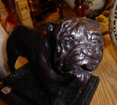 Lot 60 - A bronze model of a bull dog, indistinctly signed on a stepped marble plinth base 30cm by 23cm...
