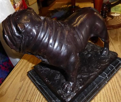 Lot 60 - A bronze model of a bull dog, indistinctly signed on a stepped marble plinth base 30cm by 23cm...