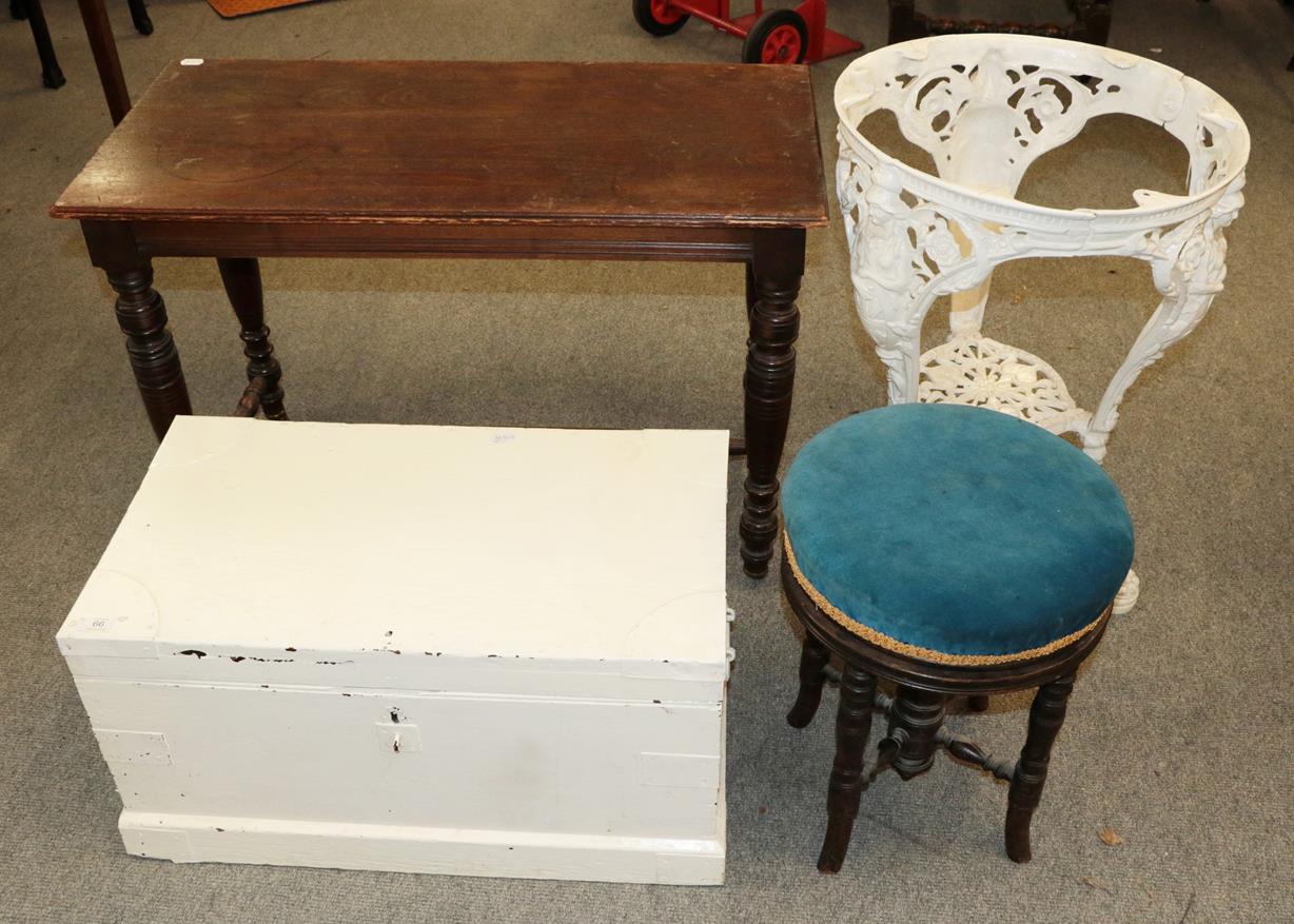Lot 66 - White painted pine hinged chest, piano stool, early 20th century oak side table and a white painted