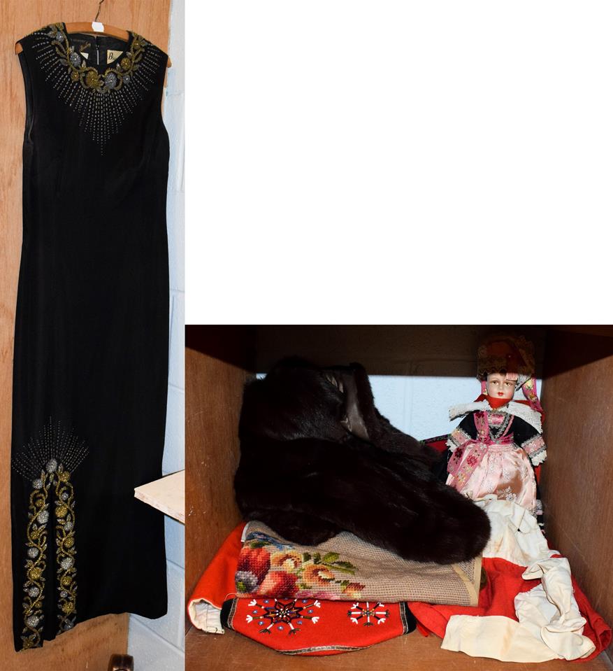 Lot 76 - Circa 1960s Hetty Bradley black silk crepe sleeveless evening dress with silver and gold bead...
