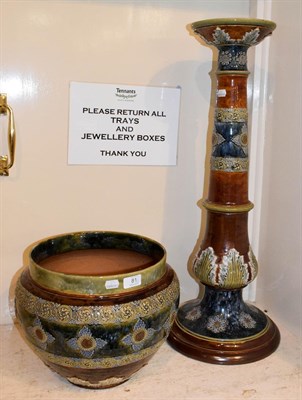 Lot 81 - A Royal Doulton stoneware jardiniere on stand, decorated with sprigged mouldings, 105cm high