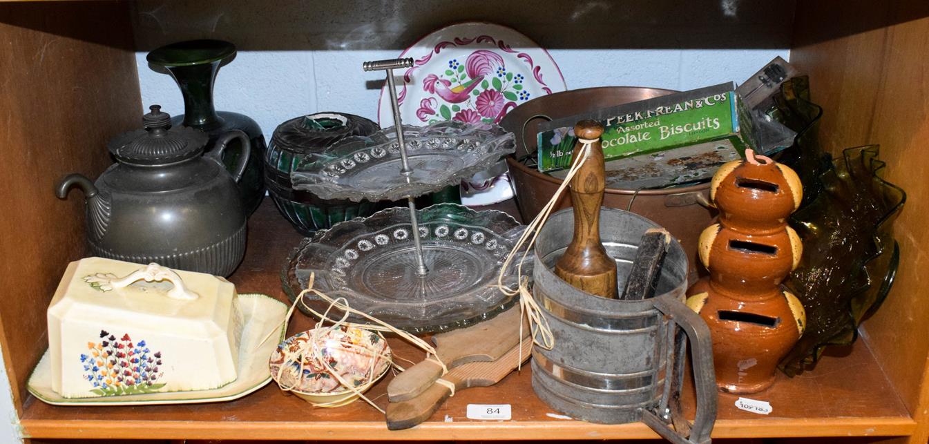 Lot 84 - Assorted kitchenalia and other items, to include a pair of butter pats, treacle glazed money...