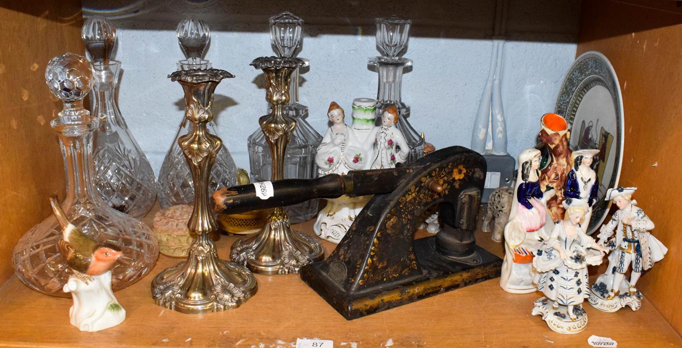 Lot 87 - Assorted items including a pair of silver plated candlesticks, five glass decanters,...