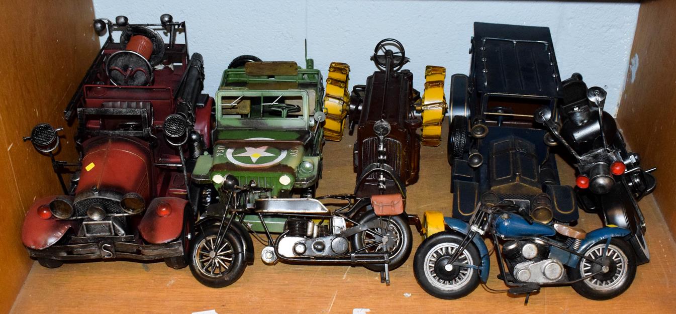 Lot 88 - Seven painted metal vehicle models, Willis Jeep, fire engine and motor cycles, etc