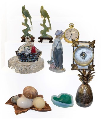 Lot 139 - A tray of assorted items including a pair of Chinese jade birds, Lladro figure, silver plated...