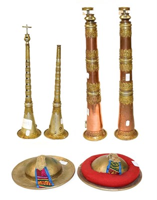 Lot 152 - Two Bhutanese horns, of telescopic form, in brass and copper together with two Tibetan...