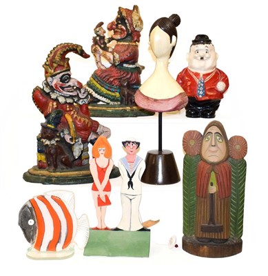 Lot 154 - A modern wooden automaton, cheeky sailor and lady, 24cm high together with a pair of Punch &...