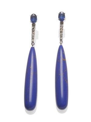 Lot 610 - A Pair of Sapphire, Diamond and Lapis Lazuli Drop Earrings, each comprises an oval cut sapphire...