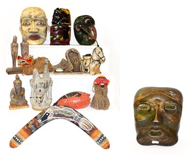Lot 155 - Miscellaneous worldwide ethnographic items, including masks, sculpture, ceramics, boomerang etc...