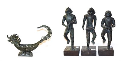 Lot 164 - A set of three South East Asian bronzed figures of monkey musicians on wooden plinths, tallest 40cm