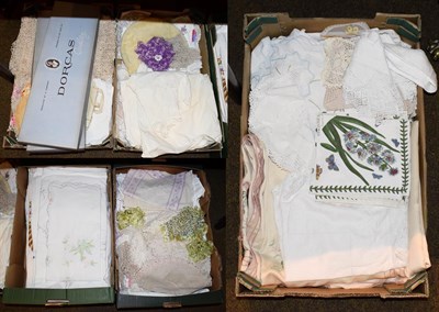 Lot 178 - Five boxes of assorted 20th century lace and linen, embroidered linen, two boxes of new white...