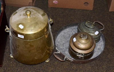 Lot 183 - A collection of antique metalware's including a copper skillet, brass coal bucket and two...