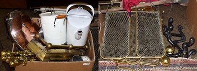 Lot 187 - A quantity of assorted metalware's including fire guards, fire dogs, fire irons, copper bed warmer