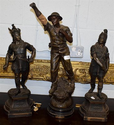 Lot 192 - A pair of late 19th century French patinated spelter figures of warriors and another of a...