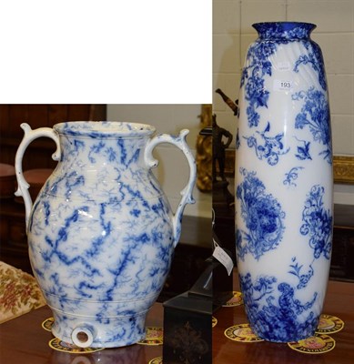 Lot 193 - A Victorian blue and white transfer printed twin handled keg 38cm and a large blue and white...