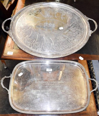 Lot 201 - A large oval shaped twin handled serving tray with presentation inscription 'cutters sailing...