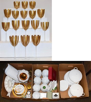 Lot 203 - A suite of Krosno Polish wine glasses, together with three boxes of ceramics including Wedgwood...