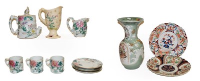 Lot 204 - A Japanese celadon vase, two Imari fluted dishes and a tray of Japanese teawares