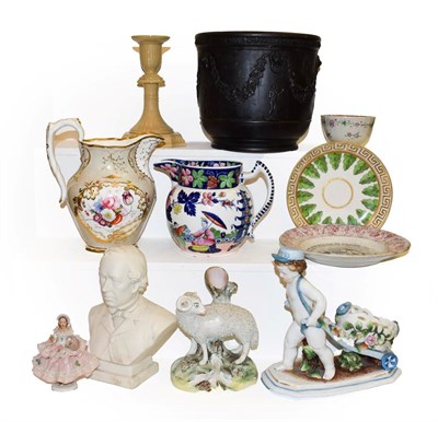 Lot 205 - A tray of 19th century ceramics including Wedgwood black basalt cache pot, Parian bust,...