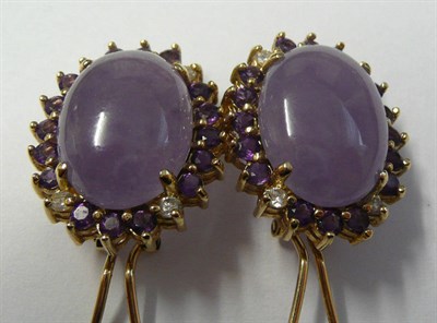 Lot 616 - A Pair of 14 Carat Gold Cluster Earrings, an oval cabochon lilac jade centres a border of round...