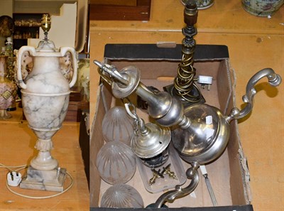 Lot 215 - A carved alabaster urn formed table lamp, 50cm, a silver plated three branch candelabra and a brass