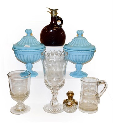 Lot 217 - A tray of glassware including a 19th century etched tankard, scent bottle with shell cameo and gilt
