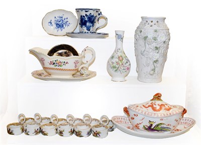 Lot 219 - A tray of ceramics including Meissen salt sellers and Dresden example, Meissen knife rest and a...