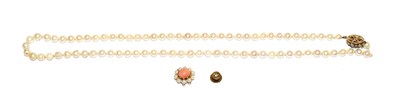 Lot 230 - A cultured pearl necklace knotted to a 9 carat gold amethyst and split pearl clasp, length 60cm...