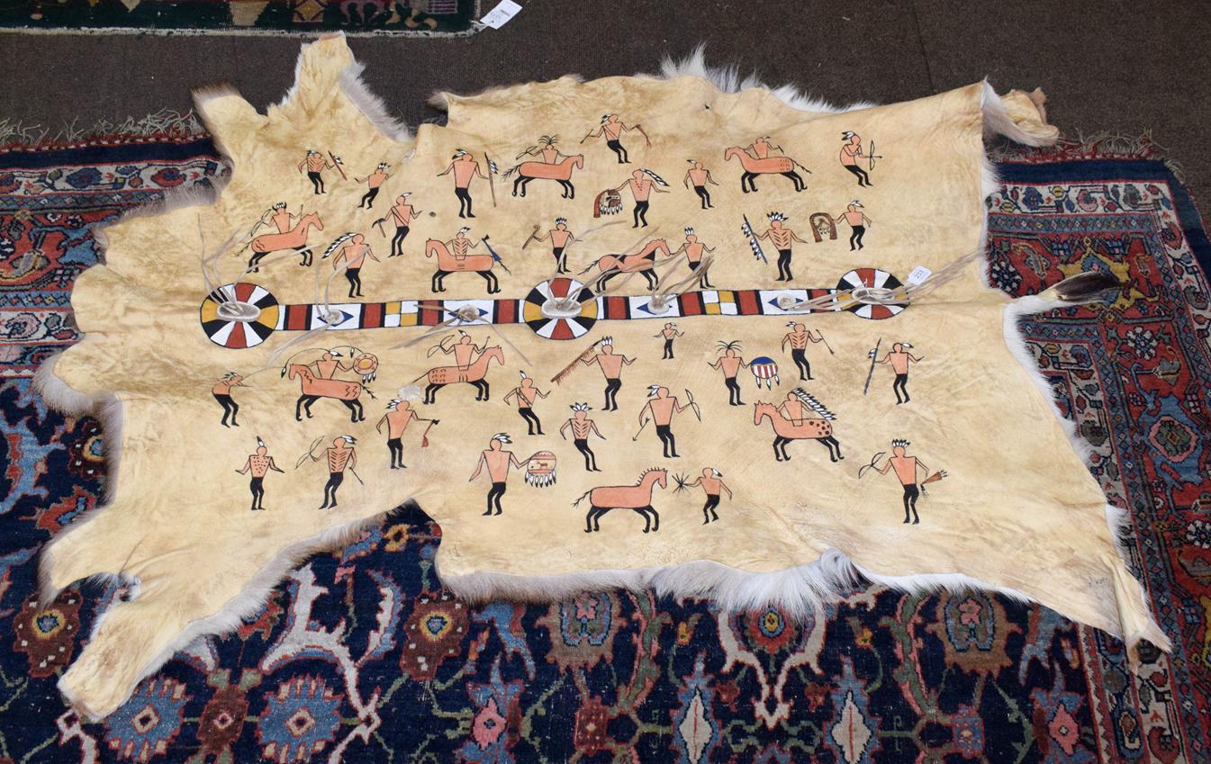 Lot 233 - A North American deer hide, with cave paintings to the reverse, 140cm by 90cm