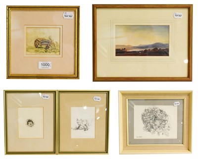 Lot 1000 - Five watercolour and pencil works (British 20th century) to include landscape, fox drawing and...