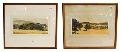 Lot 1001 - Meredith Hawes (1905-1999) Harvest near Alcester, signed gouache, 17cm by 38cm, together with...