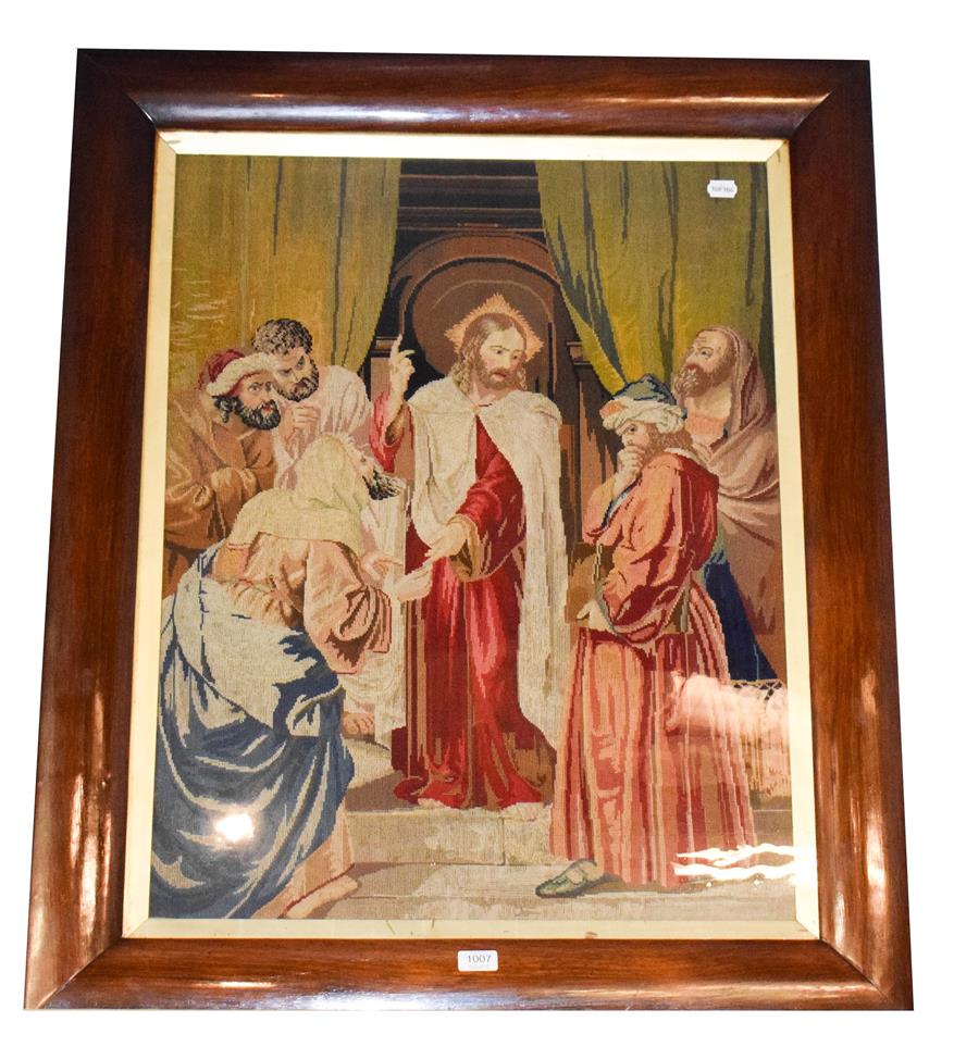 Lot 1007 - A Victorian rosewood framed wool work religious scene, 82cm by 63cm
