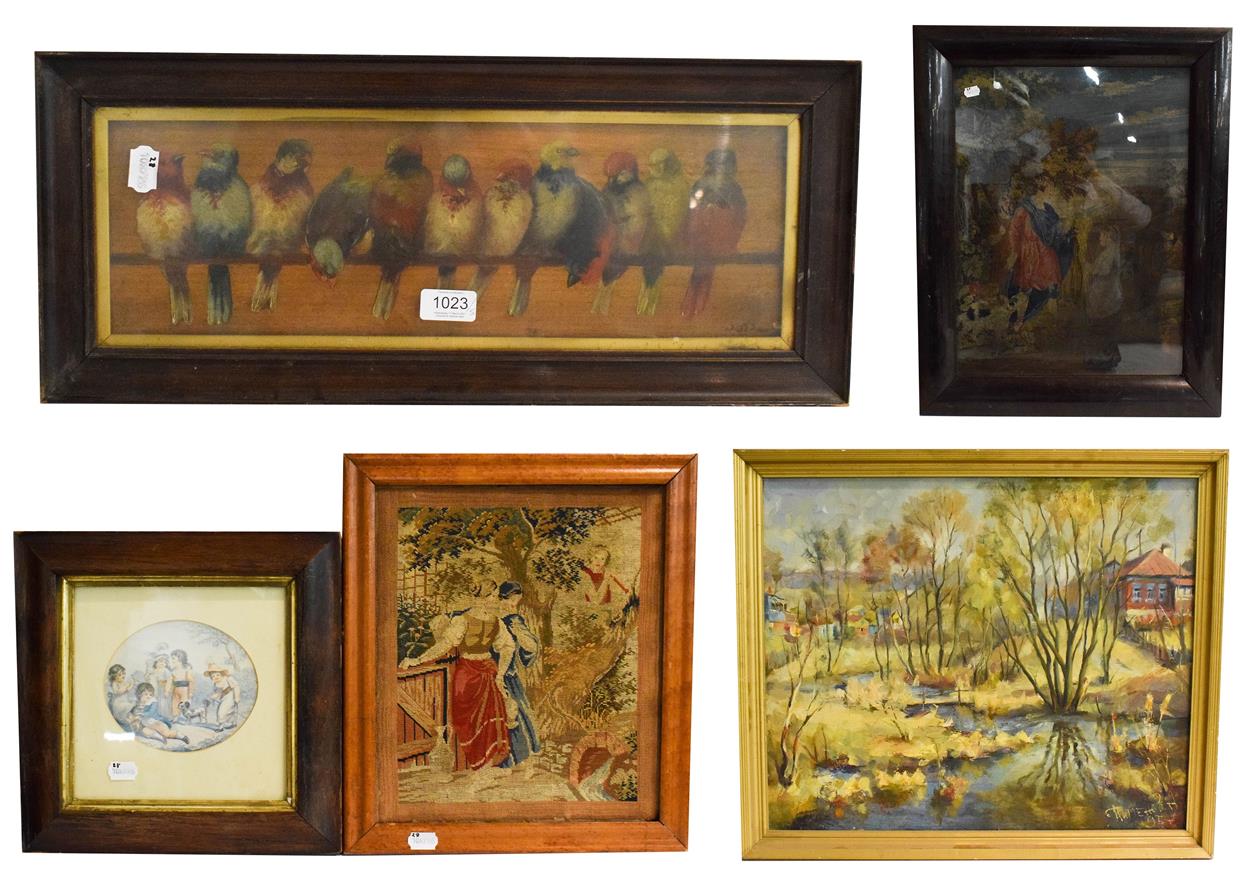 Lot 1023 - A mixed lot of oils, watercolours and tapestries, to include landscapes and classical views,...