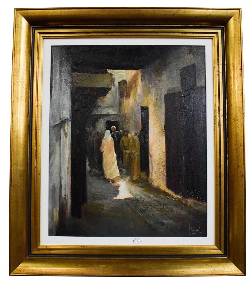 Lot 1028 - (Contemporary) Moresque scene with figures in an alleyway, oil on canvas, indistinctly signed,...
