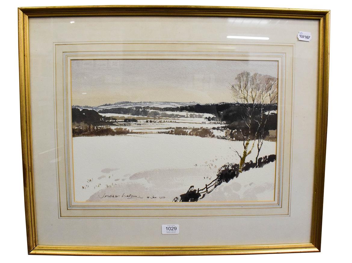 Lot 1029 - James Fletcher-Watson, RI, RBA (1913-2004) snow in the Cotswolds, signed and dated 14th January...