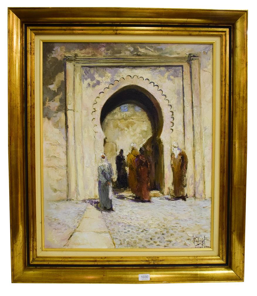 Lot 1030 - (Contemporary) Moresque scene with figures under an archway, oil on canvas, indistinctly signed and