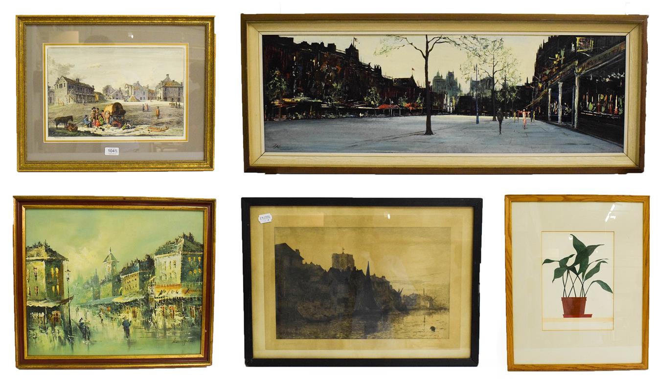 Lot 1041 - A quantity of pictures and prints, including a oil on panel street scene circa 1970's, coloured...