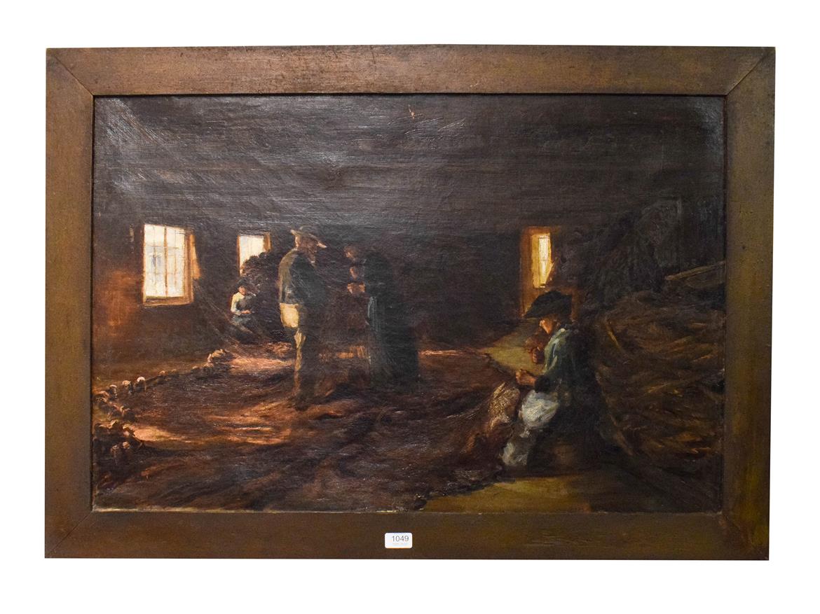 Lot 1049 - Newlyn school (20th century) repairing the nets, oil on canvas, 59cm by 90cm