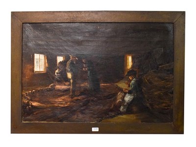 Lot 1049 - Newlyn school (20th century) repairing the nets, oil on canvas, 59cm by 90cm