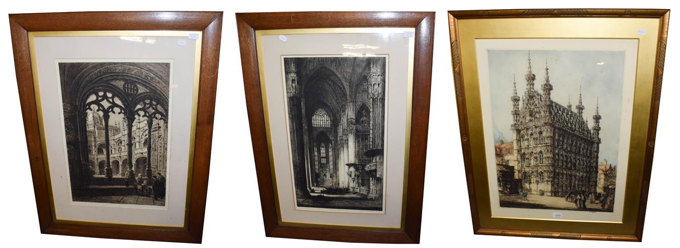 Lot 1050 - Three church prints to include William Monk R E, Hotel Deville, Louvaim 66cm by 48cm, an etching by