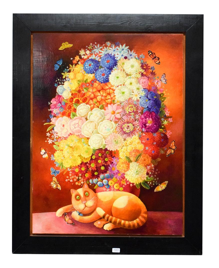 Lot 1051 - Anna Varella (b.1971) floral still life with cat, acrylic on board, signed and dated 'Anna...