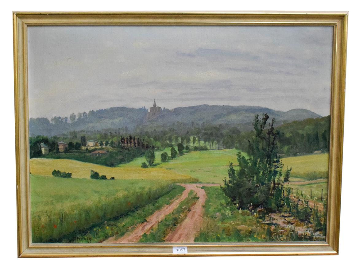 Lot 1057 - H. Pfennig (20th century) Italianate landscape, signed, oil on board, 79cm by 67cm