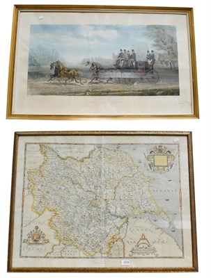 Lot 1058 - Coloured map 'Saxton's map of Yorkshire', together with a coloured engraving 'Four in Hand'...