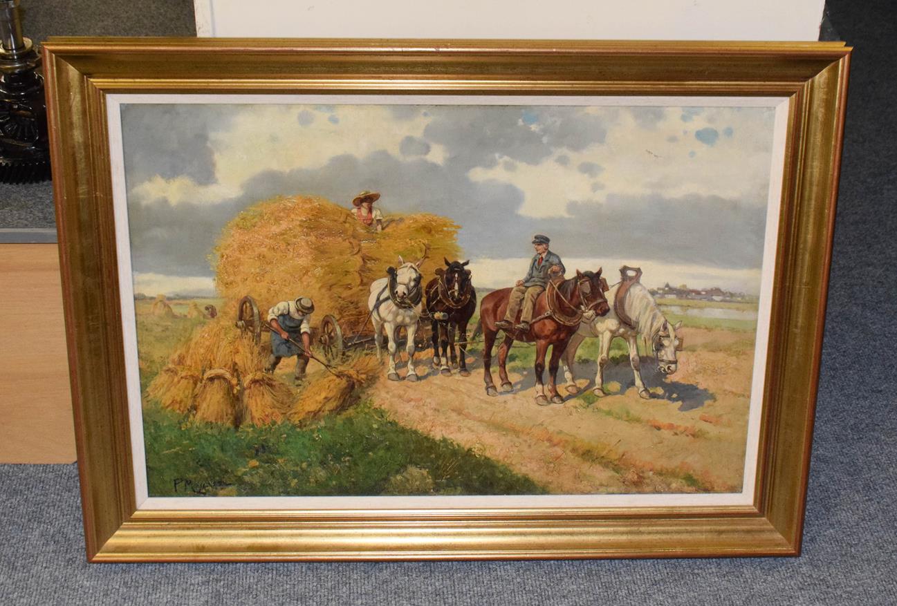 Lot 1061 - Flemish school (20th century) collecting the straw, indistinctly signed, oil on canvas 52cm by 78cm