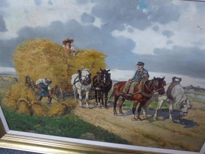 Lot 1061 - Flemish school (20th century) collecting the straw, indistinctly signed, oil on canvas 52cm by 78cm