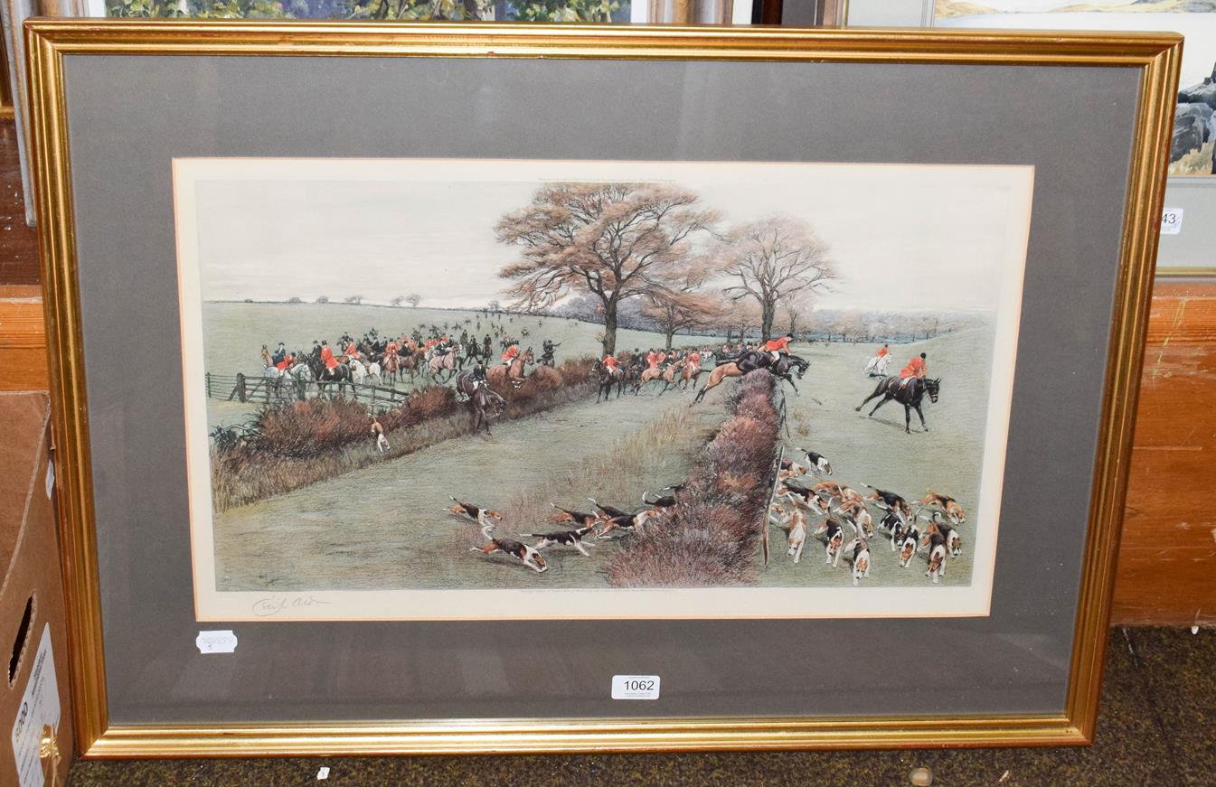 Lot 1062 - After Cecil Aldin, On the hunt, signed print 36cm by 62cm