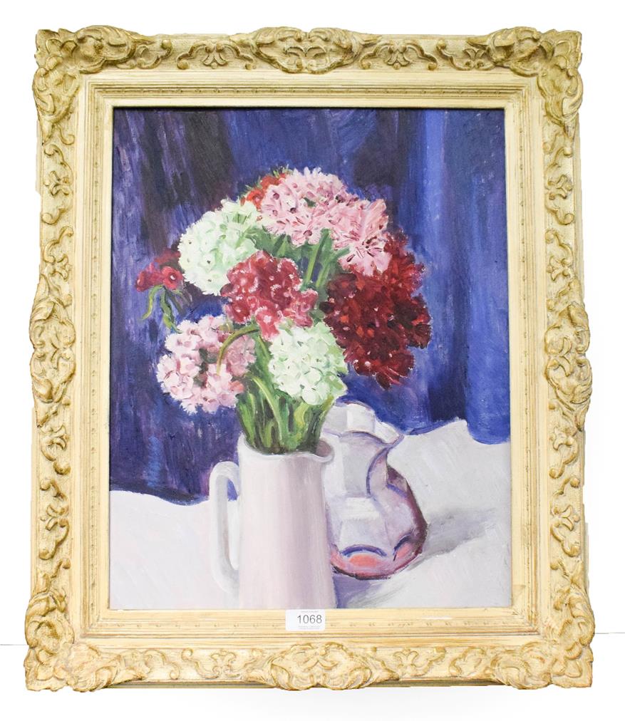 Lot 1068 - Oil on board still life picture, reverse label marked ''Mrs Louie Grimshaw'', 49cm by 39cm