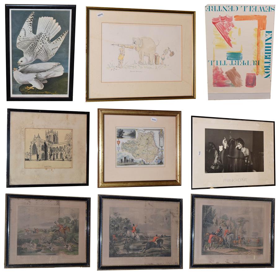 Lot 1083 - A mixed lot of 19th century sporting prints, framed posters and views of churches and bridges,...